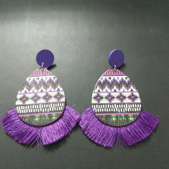 Purple Wooden Egg Shape Silk Fringe Drop Statement Earrings - Picture 1 of 2